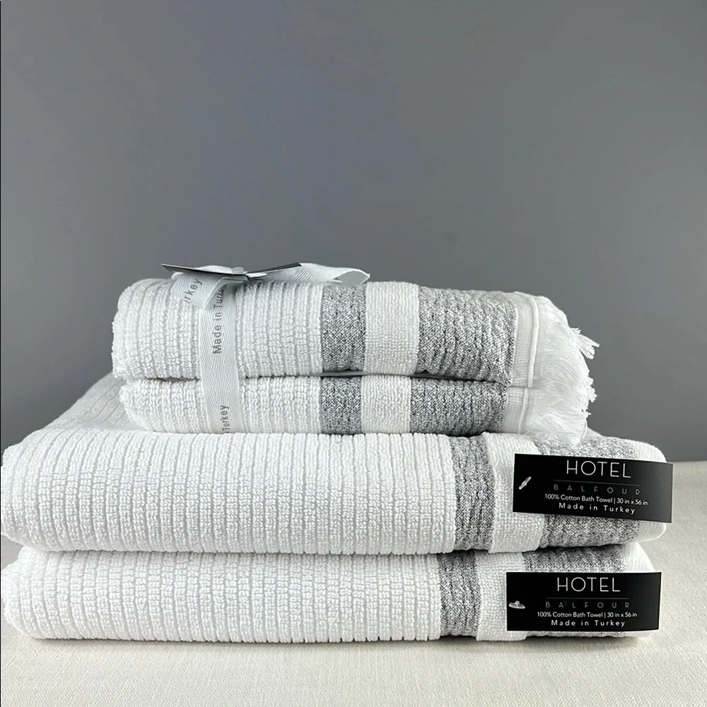 Hotel Balfour Bathroom Towel Set 4 Piece White Tan 100% Cotton 2 Bath 2 Hand NEW